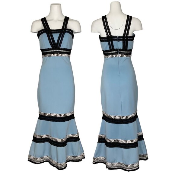 Iorane Trumpet Dress 40 US/M Blue Sleeveless Fringe Trim Mermaid Midi Hem Party - Picture 1 of 12